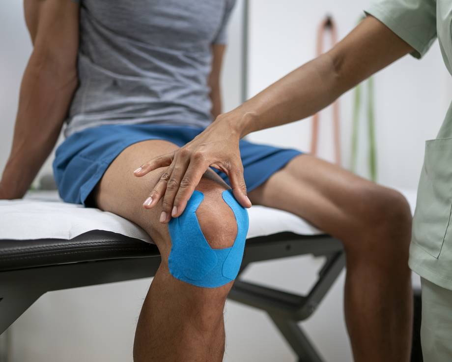 Nahaufnahme Bein: Therapeutin führt Knietherapie durch