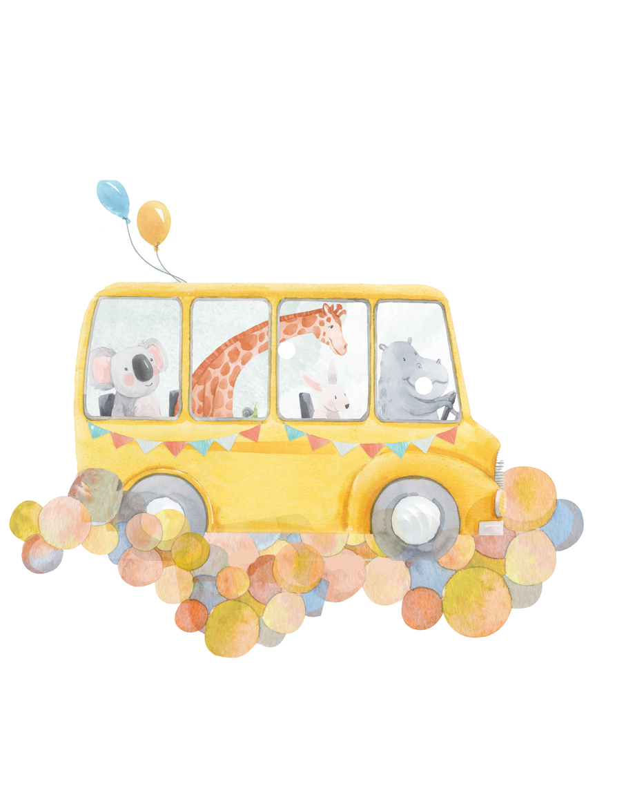 Ein gelber Bus mit Tieren, darunter eine Giraffe, ein Elefant und ein Nashorn, fährt über bunte Kreise.